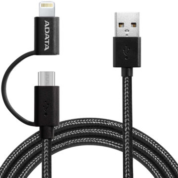 خرید،قیمت و مشخصات کابل تبدیل USB به microUSB/لایتنینگ ای دیتا 2-IN-1 طول 2 متر - قائم آی تی