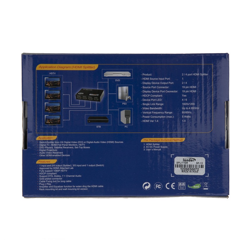 اسپلیتر HDMI دو پورت لندر مدل SPILITER LANDER SP-12