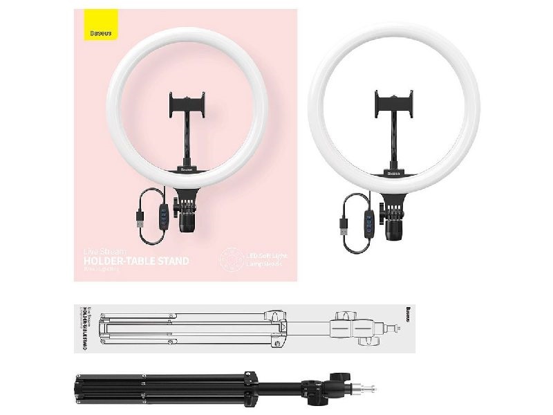 رینگ لایت 12 اینچ به همراه پایه بیسوس مدل RING LIGHT BASEUS CRZB12-B01 پایه 160 سانتی و هولدر