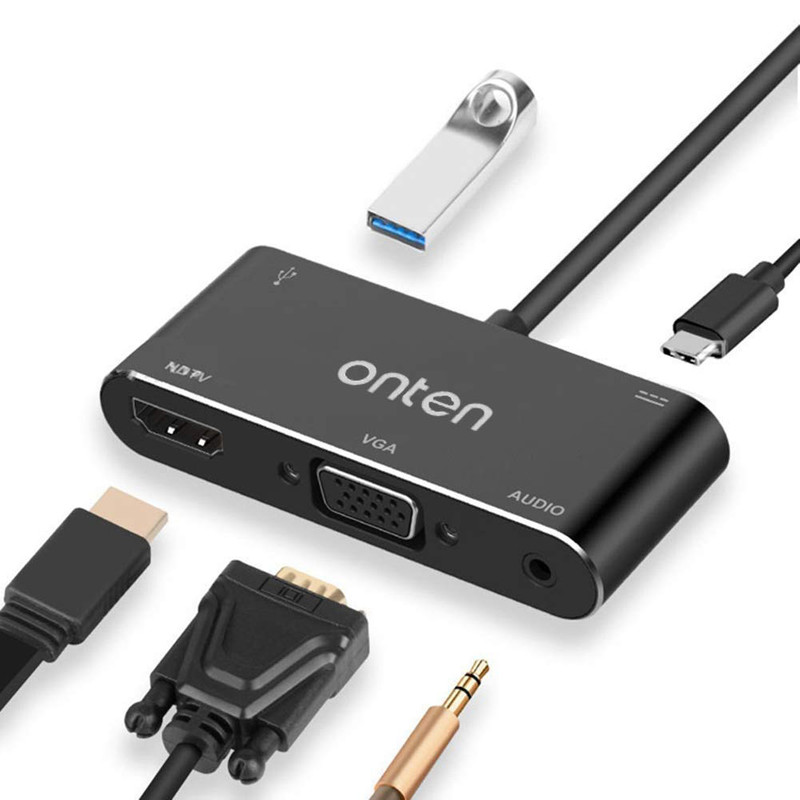 بهترین قیمت تبدیل تایپ سی USB-C به HDMI/VGA/AUX/USB3.0 اونتن مدل ONETN OTN-9573S