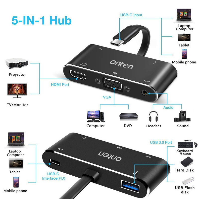 خرید بهترین تبدیل تایپ سی USB-C به HDMI/VGA/AUX/USB3.0 اونتن مدل ONETN OTN-9573S