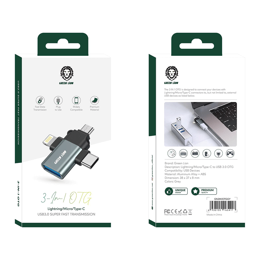 تبدیل OTG همه کاره گرین لاین GREEN LION MICRO-USB/TYPE-C/LIGHTNING TO USB