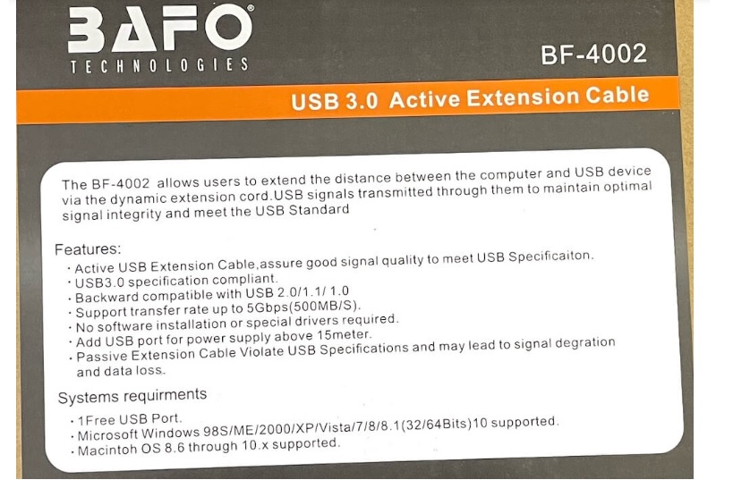 کابل افزایش یو اس بی بافو اکتیو مدل USB3 EXTENTION BAFO 15M BF-4002