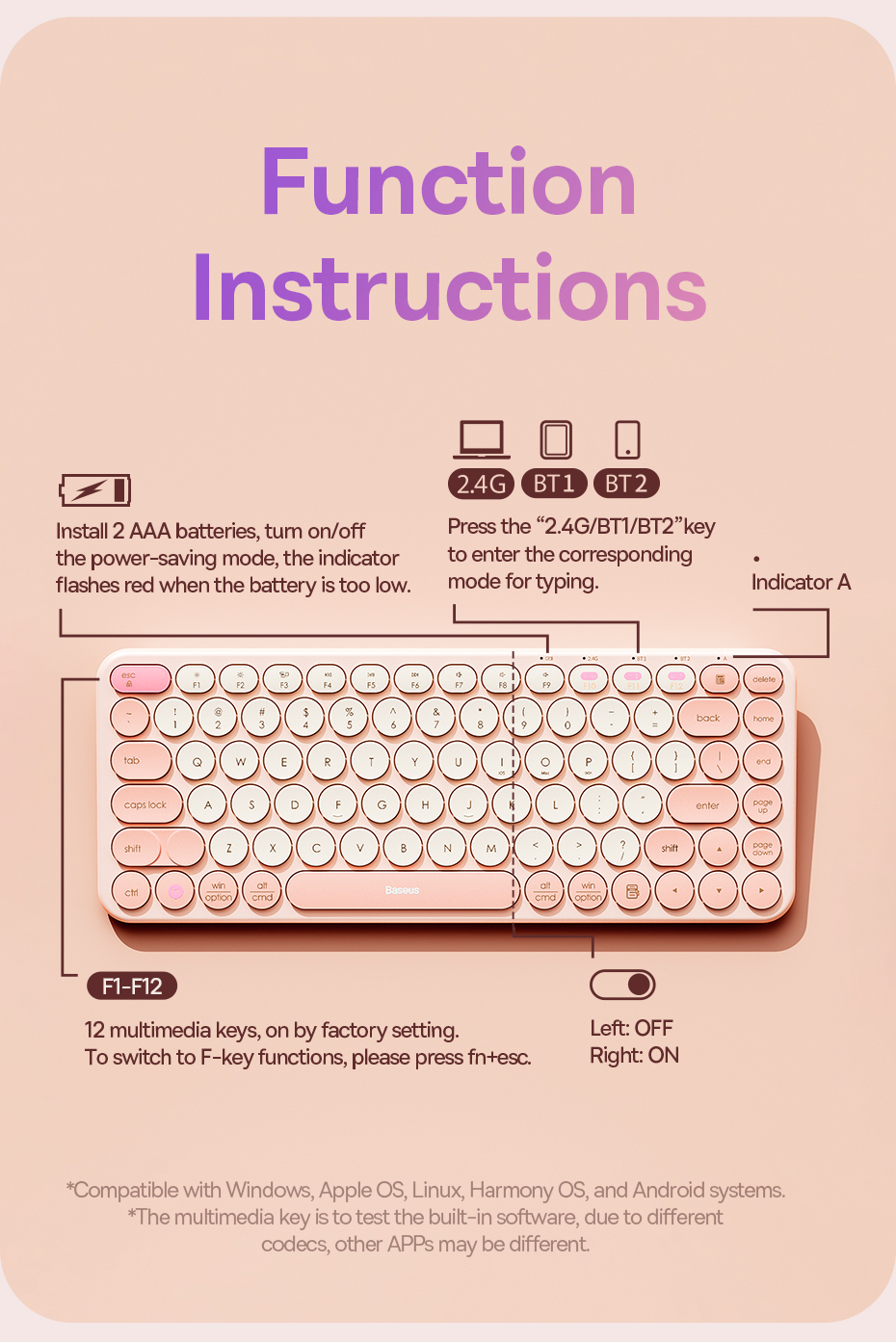 کیبورد بیسیم دوحالته باسئوس مدل Wireless Tri-Mode Keyboard K01A در قائم آی تی