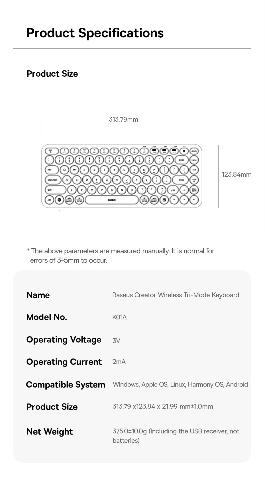 کیبورد بیسیم دوحالته باسئوس مدل Wireless Tri-Mode Keyboard K01A در قائم آی تی
